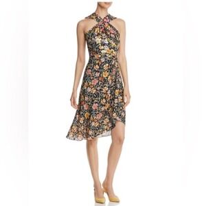 Kobi Halperin Silk Floral Sequin Halter Asymmetrical Dress Black Multi 6 (A)